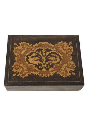 Lador Swiss Music Box Vintage Inlay Intarsia Mosaic Wooden Construction Footed